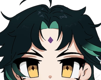 May include: A digital illustration of a character with dark teal hair and yellow eyes. The character has a small purple diamond on their forehead and a teal streak in their hair. The character is looking up with a slight smile.