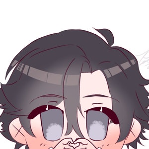May include: A cartoon illustration of a person with black hair and large, gray eyes. The person is looking down and has a slight blush on their cheeks.