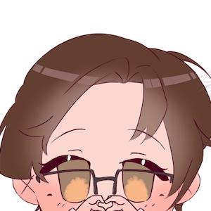 May include: Illustration of a cartoon character with brown hair and glasses. The character has a light skin tone and is making a heart shape with their hands. The background is white.