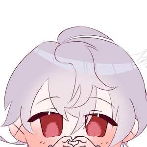 May include: A close-up of a cartoon character with silver hair, red eyes, and a pink blush. The character is making a heart shape with their hands.