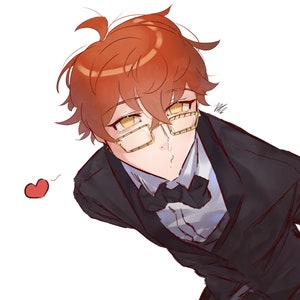 May include: A cartoon illustration of a person with red hair wearing a black suit, white shirt, and a black bow tie. The person is wearing gold-rimmed glasses and has a blushing expression. A small red heart is in the background.