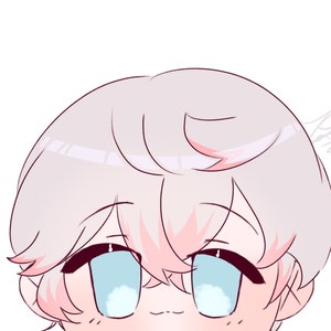 May include: A close-up of a cartoon character with short, white hair and large, blue eyes. The character has a pink blush on their cheeks and is looking up.