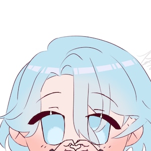 May include: A digital illustration of a cartoon character with light blue hair and eyes. The character's hands are forming a heart shape. The artwork has a soft, pastel color palette and a simple, clean style.