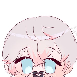 May include: A cartoon illustration of a person with short, light gray hair and large, blue eyes. The person is making a heart shape with their hands.