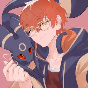 May include: A young person with orange hair wearing glasses and a purple and orange jacket. They are holding a blue and black creature with a heart shape above its head.