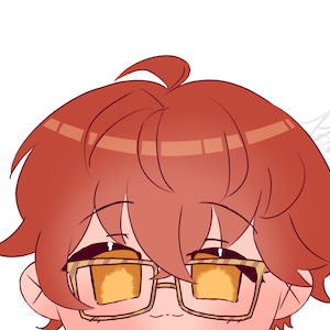 May include: A cartoon illustration of a person with red hair wearing glasses with yellow lenses. The person is looking down and smiling.