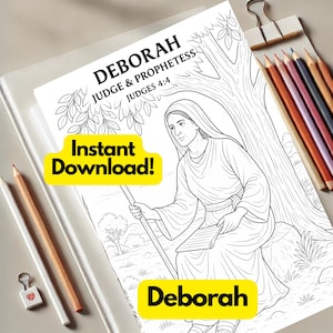 Deborah Bible Coloring Page – Printable Women of the Bible Line Art – Judges 4 Christian Coloring Sheet for Homeschool & Faith Journaling