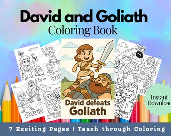May include: A coloring book titled "David and Goliath" with illustrations of the biblical story. The cover shows David defeating Goliath. The book includes 7 exciting pages and is available for instant download.