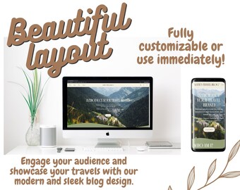 May include: A mockup of a travel blog website design on a computer screen and a mobile phone. The website design features a mountain landscape with the text "Introduce Your Travel Brand". The mobile phone shows a similar design with the text "Kate's Travel Blog" and "Introduce Your Travel Brand".