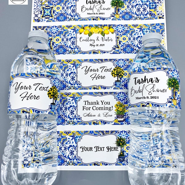 Blue Yellow Mediterranean Water Bottle Labels/EDITABLE/Bridal Shower Labels/Food Labels/Party Favors/Blue Wedding Labels/Drink Party Label