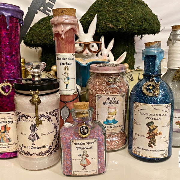 Alice im Wunderland Geburtstags-Party-Trankflaschen-Etiketten - Tee-Party-Etiketten - Magische Party-Trankflaschenetiketten-Gartenparty-Trankflaschen