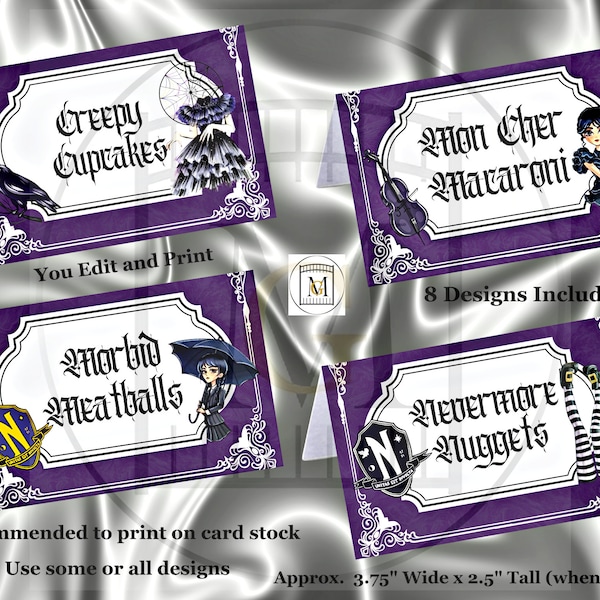 Wednesday Addams Birthday Food Label/Candy Label/EDITABLE/Place cards/Food Tents/Party Bags/Gift Tags/Party Favors/Halloween Party/Wizard