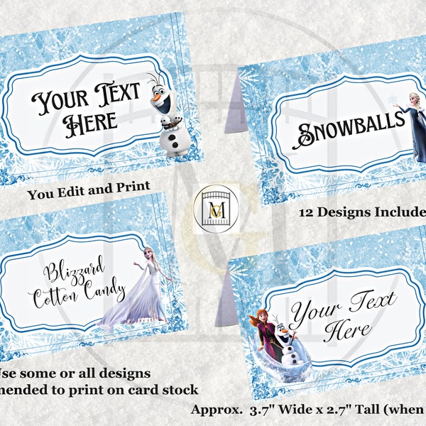 Frozen Birthday Party Food Label-Candy Label/EDITABLE/Place cards/Elsa Anna/Food Tents/Party Label/Birthday Labels/Party Favors/Name Cards