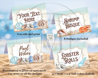 Beach Ocean Place Cards Food Tent Label-Candy Label/EDITABLE/Wedding Place Cards/Food Bar/Bridal Shower Food Tents/Birthday Party Labels