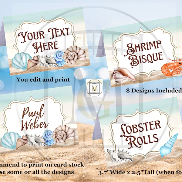 Beach Ocean Place Cards Food Tent Label-Candy Label/EDITABLE/Wedding Place Cards/Food Bar/Bridal Shower Food Tents/Birthday Party Labels