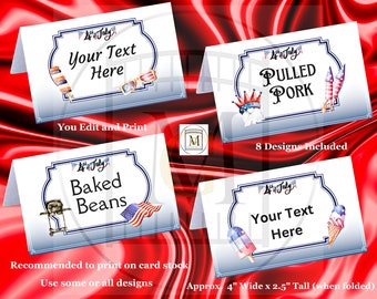 4th of July Party Food Label/Place cards/ Birthday Party/Food Bar/Food Tents/Gift Tags/Party Favors/Party Decorations/Fourth of July
