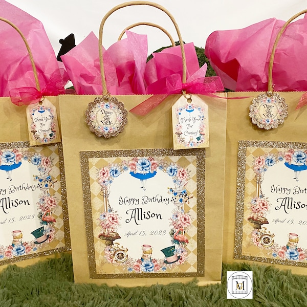 Alice In Wonderland ONEderland Birthday Party Favor Bag/Gift Bag Labels - Gold/Party Favors/TeaParty/Party Labels/Baby Shower/Bridal Shower