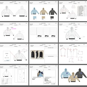 Könnte beinhalten: Eine technische Zeichnung eines Kapuzenpullovers. Die Zeichnung zeigt verschiedene Ansichten des Pullovers, Farbmuster und ein Logo-Design. Der Text "LOGO" und "MADE IN USA" ist auf der Zeichnung sichtbar.