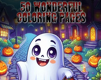 May include: A Halloween-themed coloring book cover with the title "HALLOWEEN 50 WONDERFUL COLORING PAGES" in a dripping blood font. A cartoon ghost with a jack-o'-lantern basket walks down a cobblestone path lined with lit pumpkins and candles.