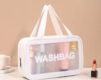 White Waterproof Washbag/Travel Bag/Make Up Bag/Organiser with clear window