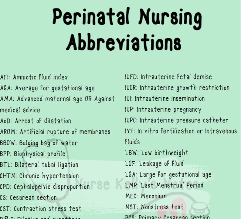 Ob/perinatal Nursing Abbreviations Card - Etsy