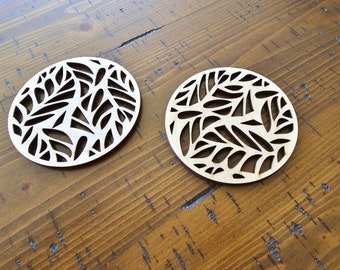 Laser Cut Wood Coasters: Leaf Pattern Birch Coaster Set