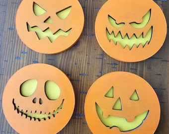 Jack O Lantern Wooden Coasters: Laser Cut Halloween Pumpkin Set of 4