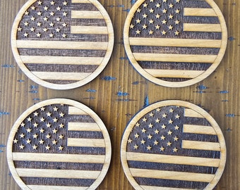 American Flag Wood Coasters: Patriotic Drink Coaster Set of 4