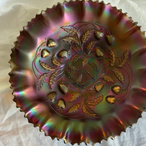 Antique Amethyst wild strawberry carnival glass bowl.