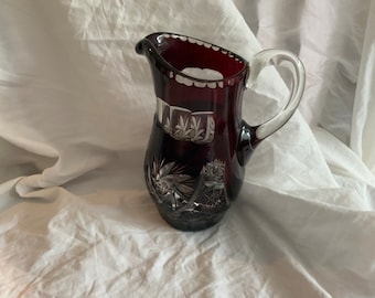 Vintage Bohemian Czech style ruby red cut to clear glass pitcher.