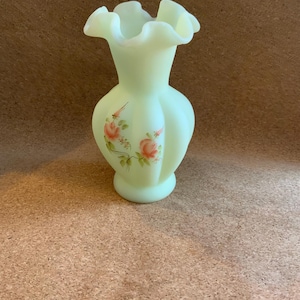 Beautiful Vintage Blown Glass Uranium Custard Fenton Ruffle Top Melon Vase with Hand Painted Roses.
