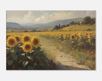Sunflowers Field Vintage Oil Painting Art Print on Canvas, Rustic Countryside Landscape, Warm Summer Vibes, Country Provence Wall Decor