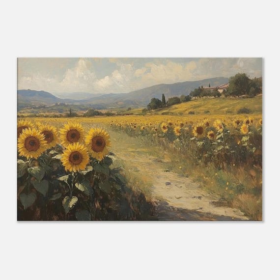 ひまわり畑のヴィンテージ油絵アートプリントキャンバス、素朴な田舎の