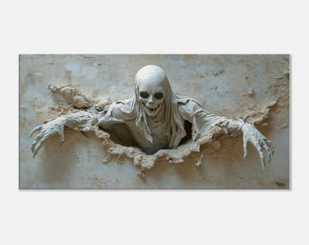 Spooky Ghost Sculpture Canvas Print, Haunted Wall Decor for Halloween, Scary Skull Phantom, Horror-Themed Home Decoration Art on Slim Canvas