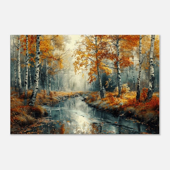 秋の森のプリント、静かな秋の風景のウォールアート、白樺の木と小川