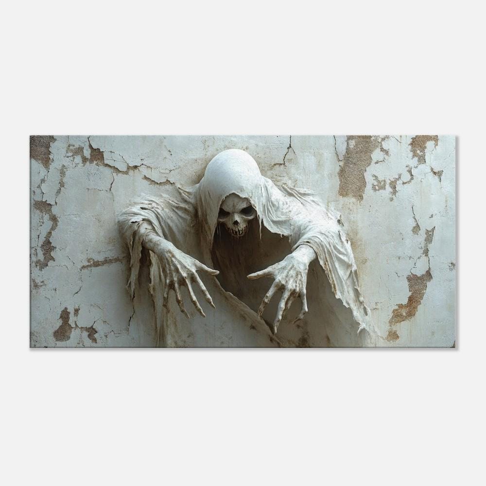 Scary Ghost Soul Emerging from the Wall Canvas Print, Haunted Halloween Evil Phantom Wall Decor, Horror-Themed Home Decoration Art