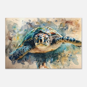 Sea Turtle Watercolor Print, Coastal Wall Decor, Marine Wildlife Painting, Ocean Life Decor for Beach House, Nature Artwork, Canvas Print