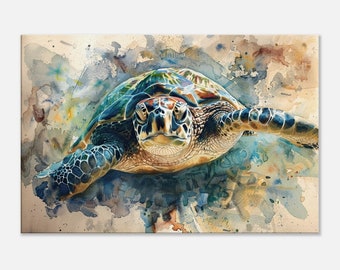 Sea Turtle Watercolor Canvas Print, Coastal Wall Decor