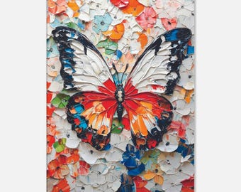 Colorful Butterfly on a Textured Floral Background Canvas Print, Palette Knife Technique artwork, Nature Wall Decor, Impasto Art Style Gift