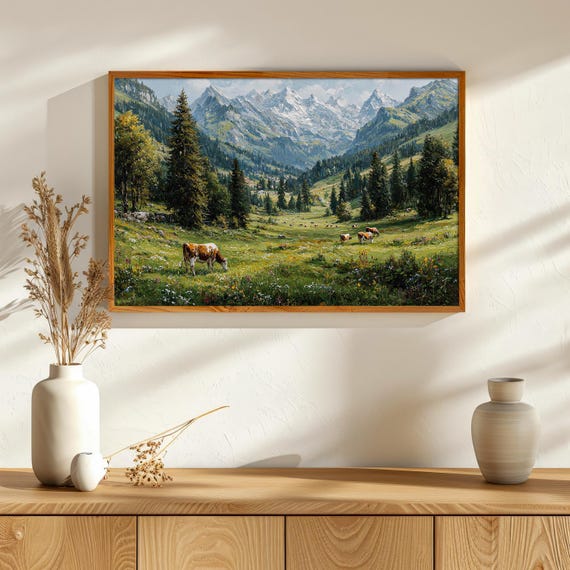 ⭐︎【美品】⭐︎山の風景　油絵　希少価値大 野生の花が咲く高山の牧草地と雪を頂いた山々で草を食む牛の油絵