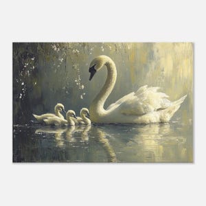 Swan Mother with Young Canvas Wall Art Print, Elegant Nature Home Decor, Family Gift for Mother&#39;s Day, Living Room or Bedroom Decor