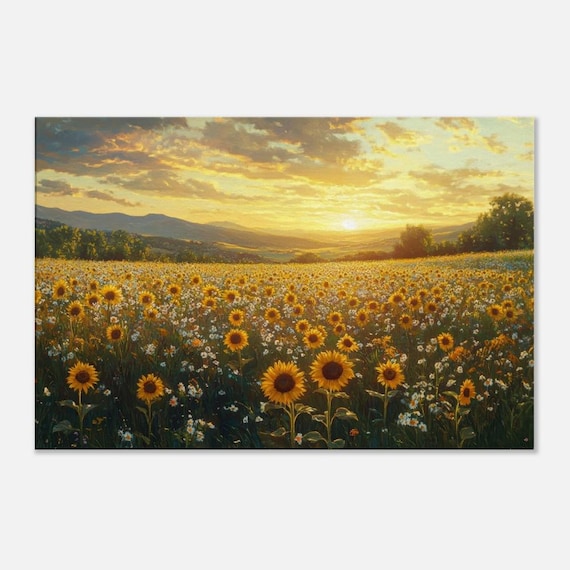 AREBOLO Stampa Su Tela Paesaggio Campagna - Campo Di Grano Giallo E Cielo Blu - 35,6 X 121,9 Cm - Quadro Moderno Rustico - 2