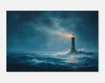 灯台と海の風景 油彩画 木製フレーム付き スリムキャンバスに描かれた嵐の海の灯台油絵ウォールアートプリント