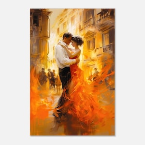Pareja romántica bailando en un paisaje urbano animado, danza urbana apasionada, decoración de arte mural moderno, pintura de danza callejera, póster de papel mate