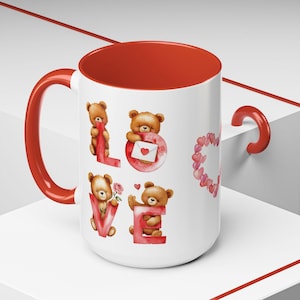 Love Teddy Bear Mug, Cute Valentine&#39;s Day Gift, Romantic Coffee Mug, Red Accent Mug, Love Mug for Her, Anniversary Gift Idea, Couple Mug