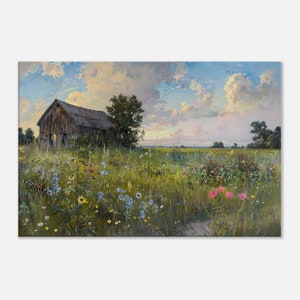 Rustikale Scheune auf dem Land mit Wildblumen Wiese, Schlafzimmerdeko, Landschaftsbild, Wanddeko | Sommer Wiese Gemälde Wandkunst