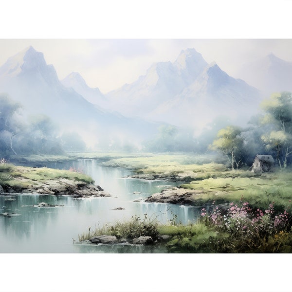 Watercolor painting of majestic mountains rising towards the sky, river cuts through the landscape | Printable Wall Art | House Decor
