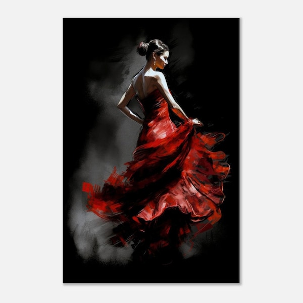 Elegant Flamenco Dancer, Spanish Dancer in Red Dress, Dance Wall Art, Expressive Dance Painting, Slim Canvas Digital Print, Dance Home Decor