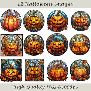 May include: Twelve digital images of stained glass pumpkins with various facial expressions. The pumpkins are orange with green stems and leaves. The background is a mosaic of blue, green, and brown.