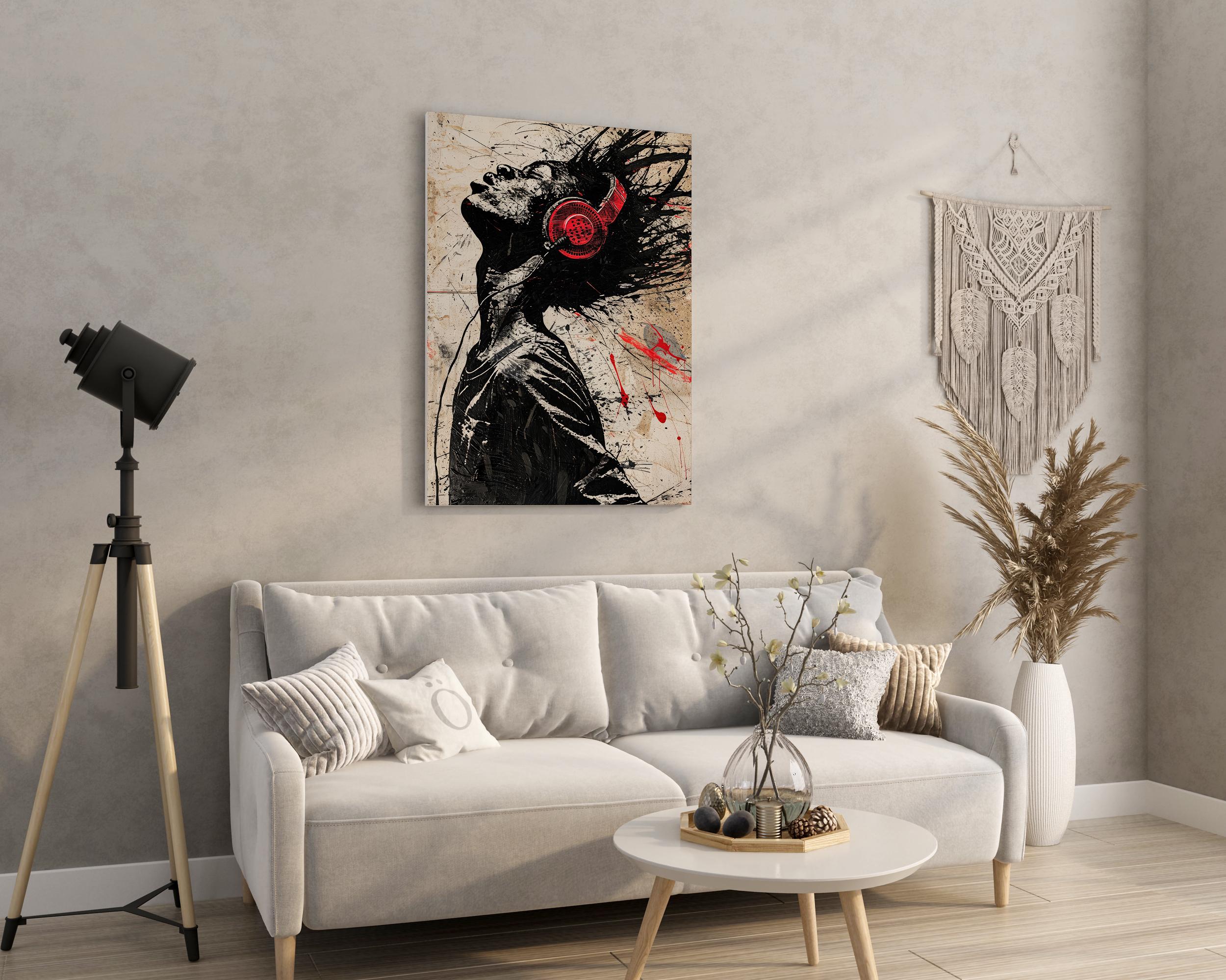 POSTER - Abstract Music Art Print, Black and Red Headphones